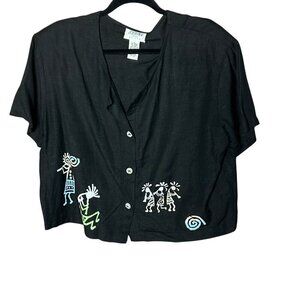 Black Southwestern Design Kokopelli Casual Jasmine Top Petite Large